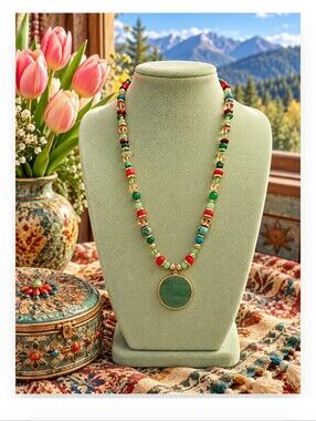 Artisan Handcrafted Green Stone Pendant Beaded Necklace - Multicolor